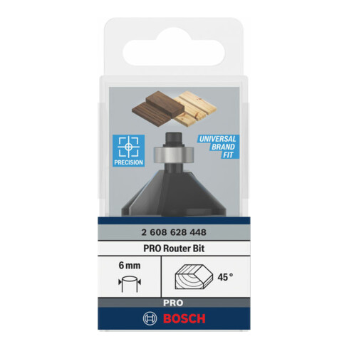 Bosch Fresa per smussi/fresa a livello 6 mm diametro 34,9 mm larghezza 11,1 mm lunghezza di lavoro 14,6 mm lunghezza complessiva 56 mm 45°