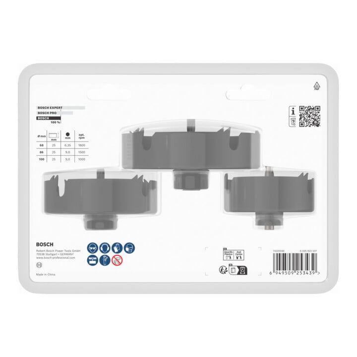 Bosch Hout- en gipsplaat gatenzaagset met opzethouder + centreerboor, 68/86/100x27mm