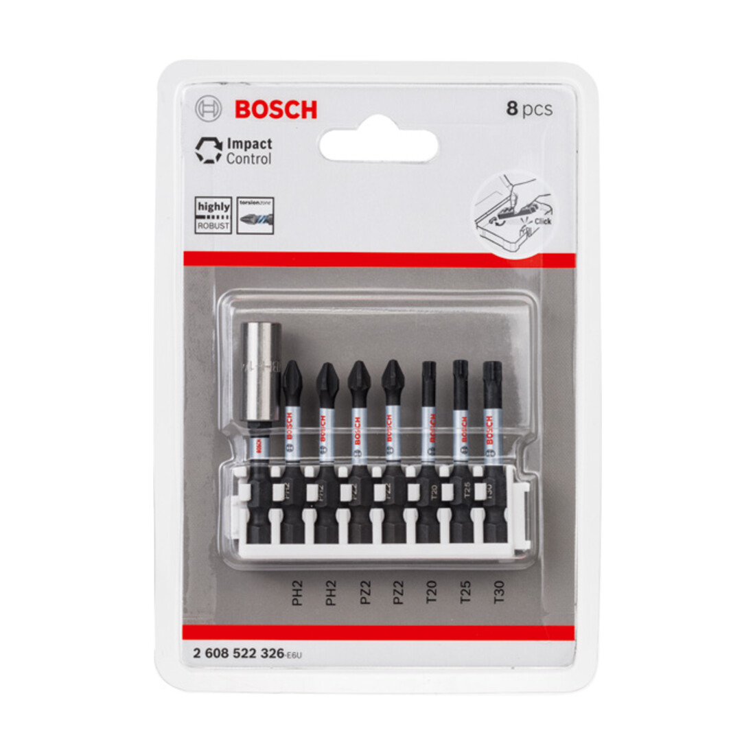 Bosch Impact Control 8-delige schroevendraaier bitset 2 x PH2 2x PZ2 T20 T25 T30 50 mm