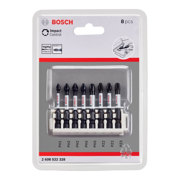 Bosch Impact Control 8-delige schroevendraaier bitset PH1 3x PH2 PH3 2 x PZ2 PZ3 50 mm