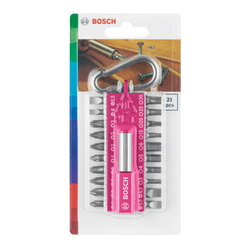 Bosch - Jeu de 21 embouts de tournevis avec mousqueton, rose