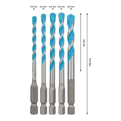 Bosch Jeu de forets à percussion HEX-9 5 pcs 4/5/6/8 mm MultiConstruction EXPERT