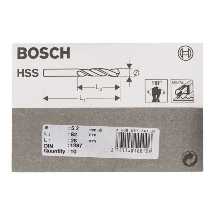 Bosch Karosseriebohrer HSS-R DIN 1897 5,2 x 26 x 62 mm