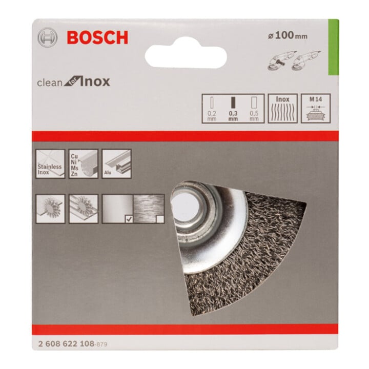 Bosch kegelborstel Clean voor Inox gegolfd roestvrijstaal 100 mm 0,35 mm 12500 omw/min M14