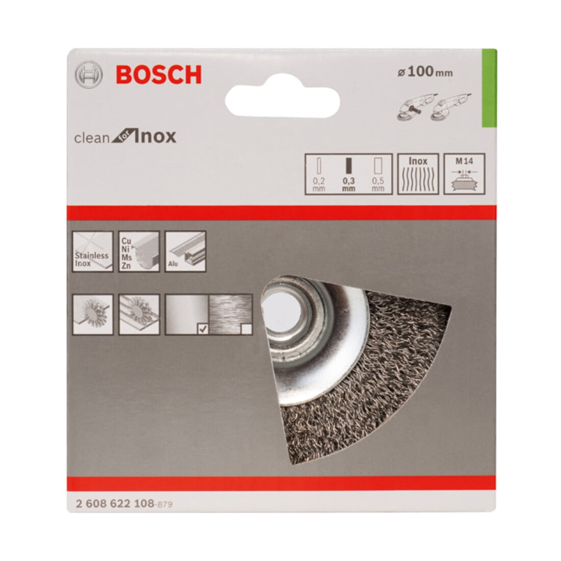 Bosch kegelborstel Clean voor Inox gegolfd roestvrijstaal 100 mm 0,35 mm 12500 omw/min M14