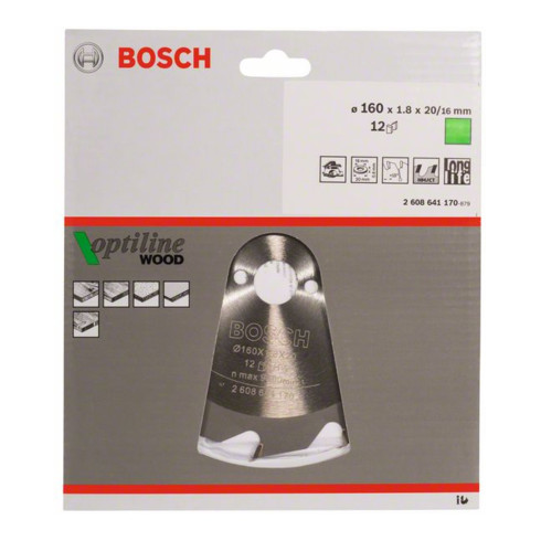 Bosch Kreissägeblatt Optiline Wood für Handkreissägen 160 x 20/16 x 1,8 mm 12