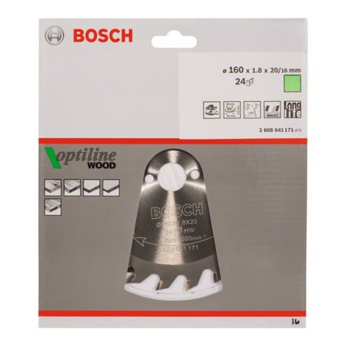 160 x 20/16 x 1,8 mm Bosch Kreissägeblatt Optiline Wood für Handkreissägen 24 