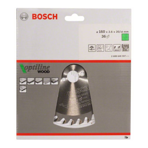 Bosch Kreissägeblatt Optiline Wood für Handkreissägen 160 x 20/16 x 2,6 mm 36