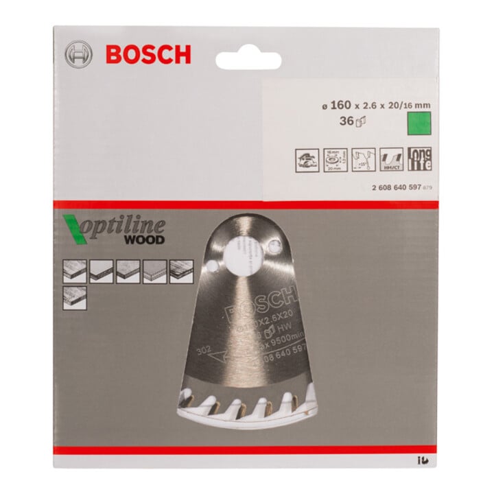 Bosch Kreissägeblatt Optiline Wood für Handkreissägen 160 x 20/16 x 2,6 mm 36