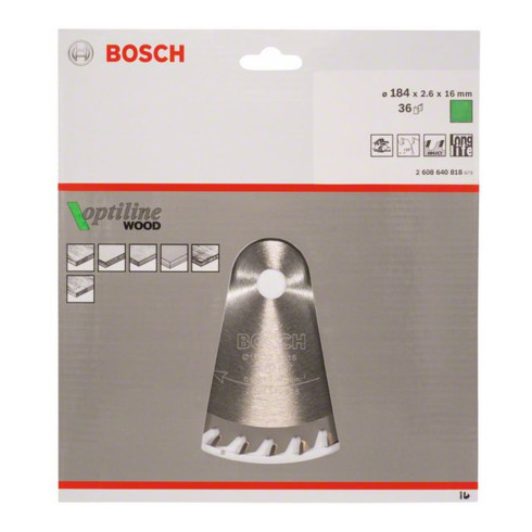 Bosch Kreissägeblatt Optiline Wood für Handkreissägen 184 x 16 x 2,6 mm 36