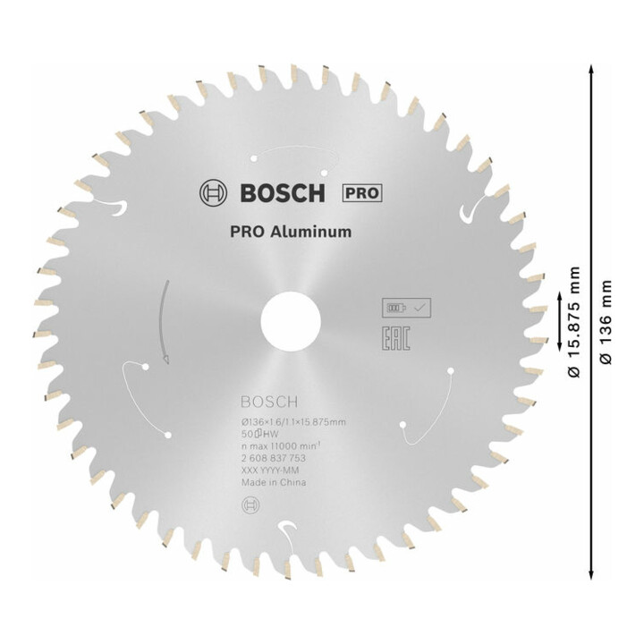 Bosch Kreissägeblatt Standard for Aluminium für Akkusägen 136x1.6/1.1x15.875, 50 Zähne