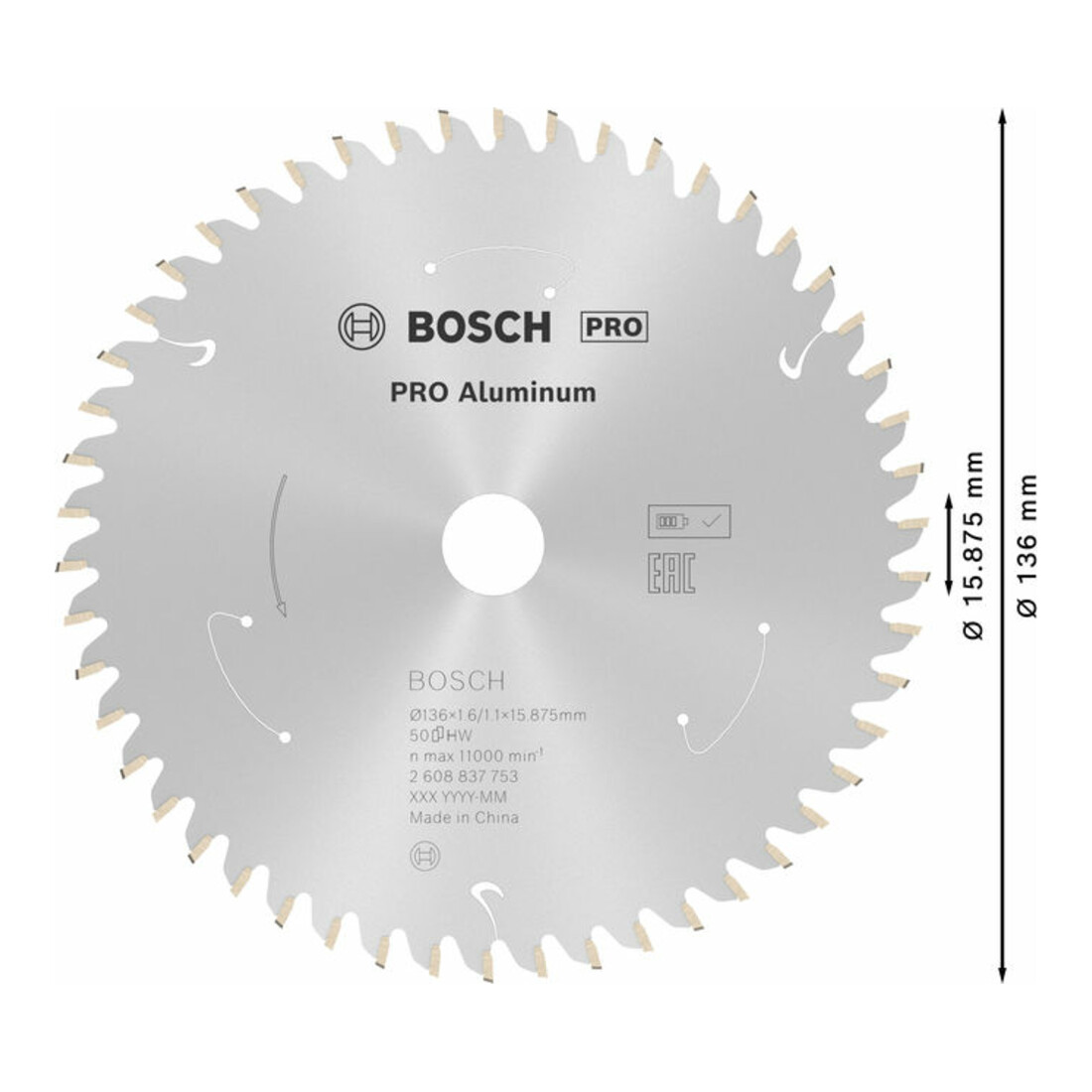 Bosch Kreissägeblatt Standard for Aluminium für Akkusägen 136x1.6/1.1x15.875, 50 Zähne