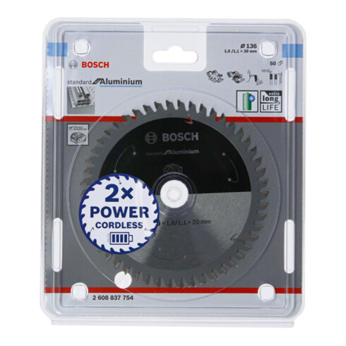 Bosch Kreissägeblatt Standard for Aluminium für Akkusägen 136x1.6/1.1x20, 50 Zähne