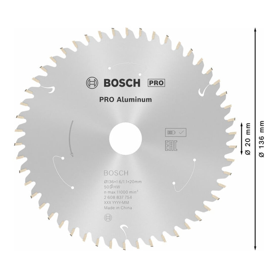 Bosch Kreissägeblatt Standard for Aluminium für Akkusägen 136x1.6/1.1x20, 50 Zähne