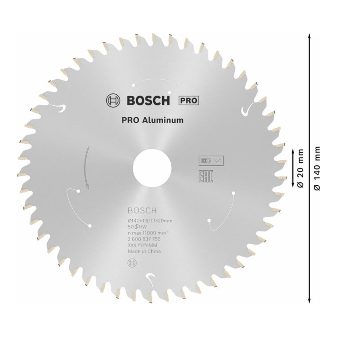 Bosch Kreissägeblatt Standard for Aluminium für Akkusägen 140x1.6/1.1x20, 50 Zähne