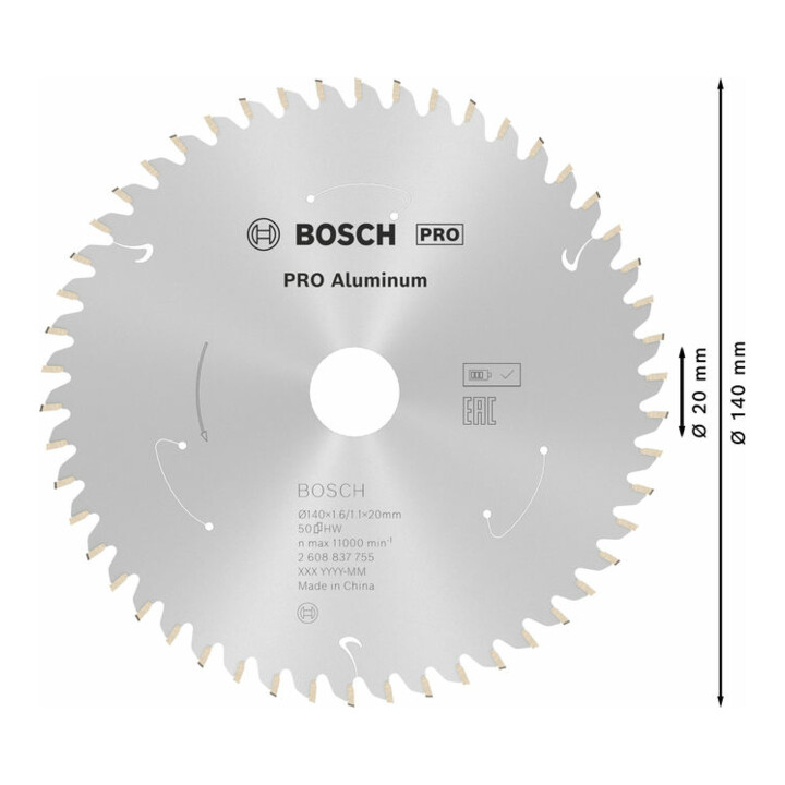 Bosch Kreissägeblatt Standard for Aluminium für Akkusägen 140x1.6/1.1x20, 50 Zähne