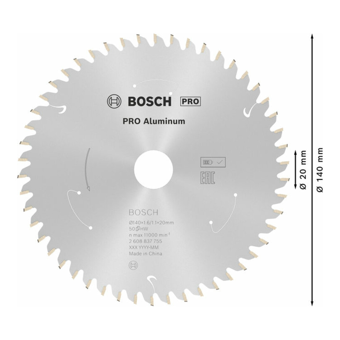 Bosch Kreissägeblatt Standard for Aluminium für Akkusägen 140x1.6/1.1x20, 50 Zähne