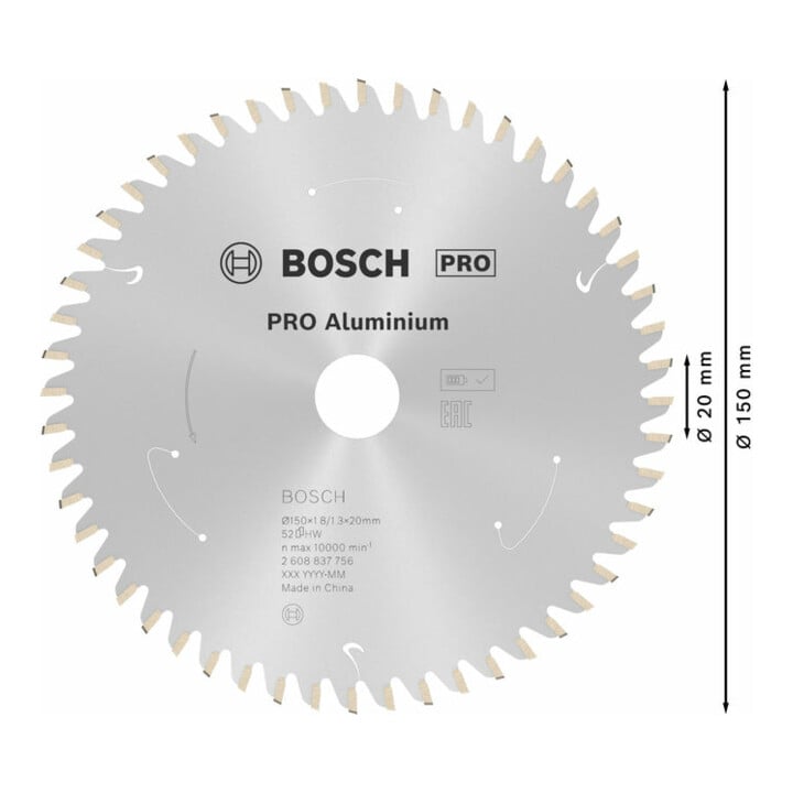 Bosch Kreissägeblatt Standard for Aluminium für Akkusägen 150x1.8/1.3x20, 52 Zähne