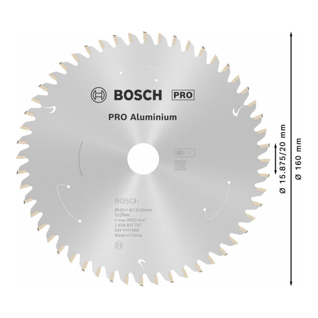 Bosch Kreissägeblatt Standard for Aluminium für Akkusägen 160x1.8/1.3x20, 52 Zähne
