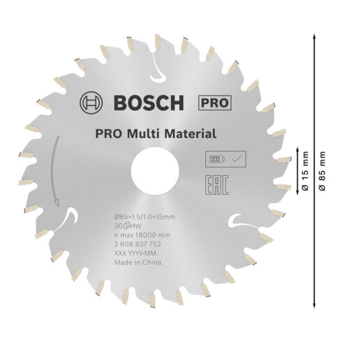 Bosch Kreissägeblatt Standard for Multimaterial für Akkusägen 85 x 1,5/1 x 15 30 Zähne
