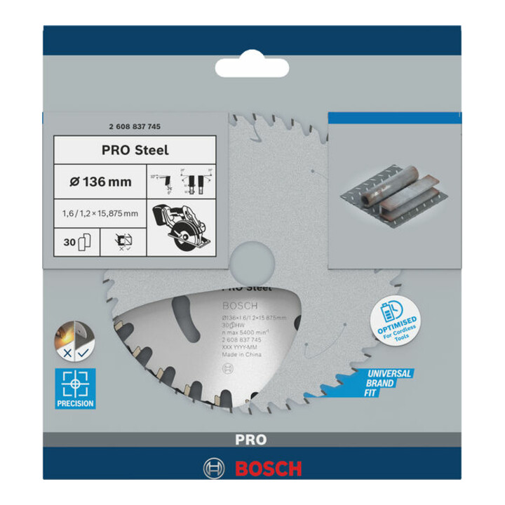 Bosch Kreissägeblatt Standard for Steel für Akkusägen 136 x 1,6/1,2 x 15,875 30 Zähne