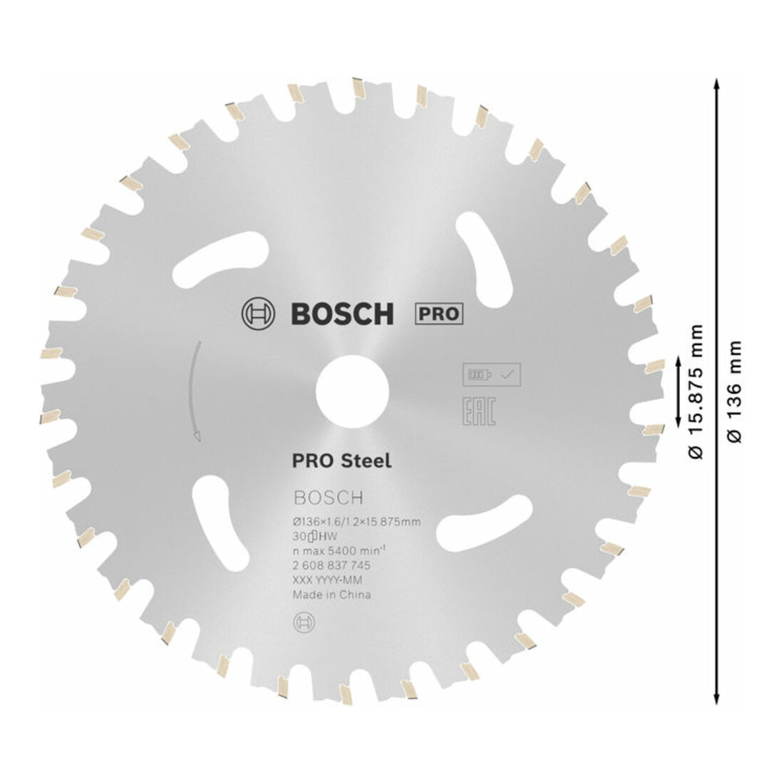 Bosch Kreissägeblatt Standard for Steel für Akkusägen 136 x 1,6/1,2 x 15,875 30 Zähne