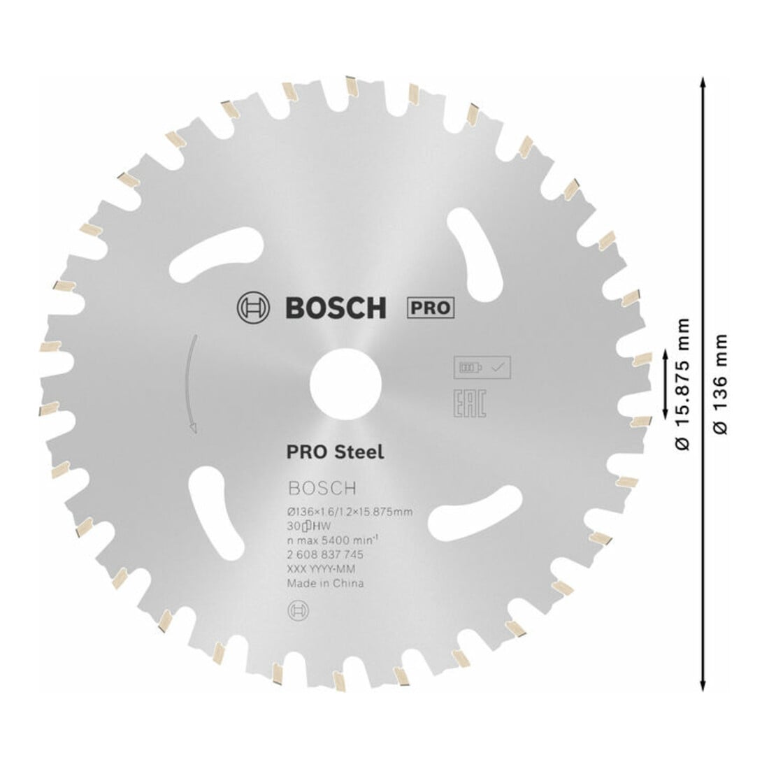 Bosch Kreissägeblatt Standard for Steel für Akkusägen 136 x 1,6/1,2 x 15,875 30 Zähne