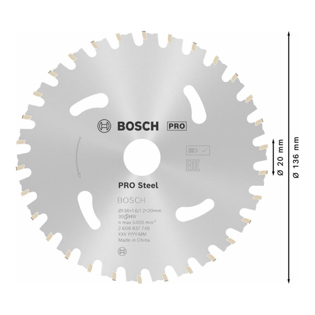 Bosch Kreissägeblatt Standard for Steel für Akkusägen 136 x 1,6/1,2 x 20 30 Zähne