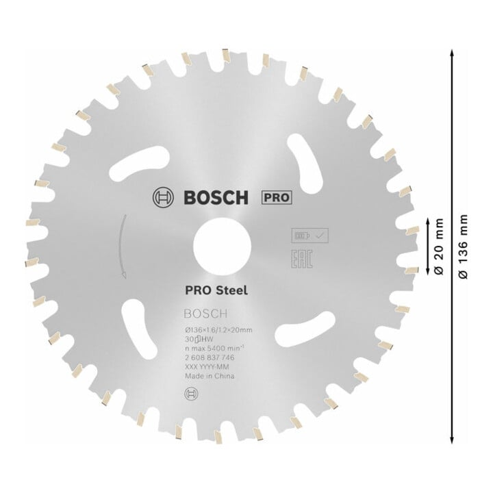 Bosch Kreissägeblatt Standard for Steel für Akkusägen 136 x 1,6/1,2 x 20 30 Zähne