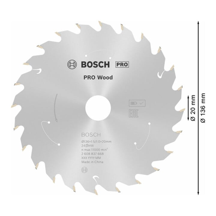 Bosch Kreissägeblatt Standard for Wood für Akkusägen 136x1.5/1x20 24 Zähne
