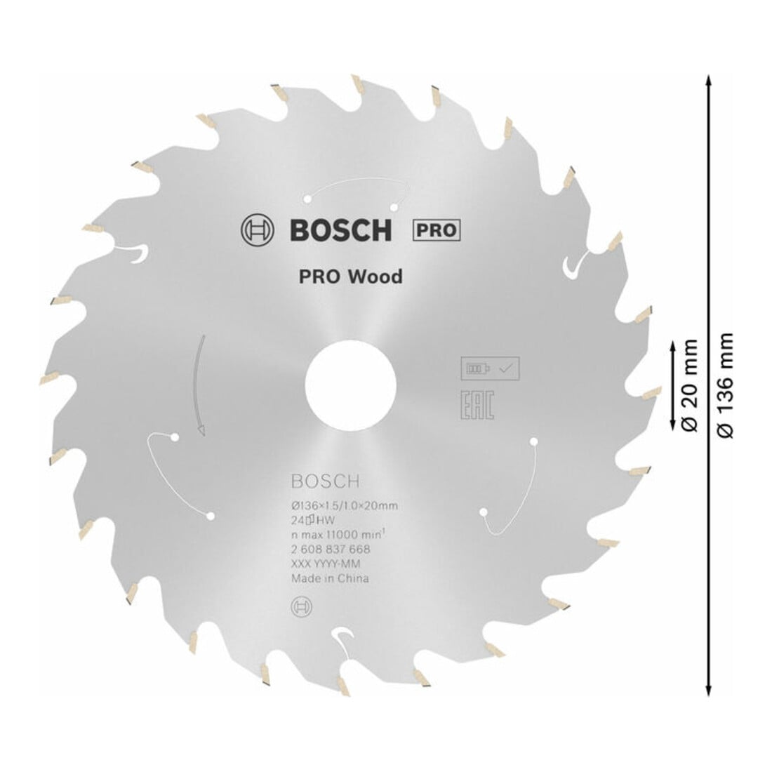 Bosch Kreissägeblatt Standard for Wood für Akkusägen 136x1.5/1x20 24 Zähne