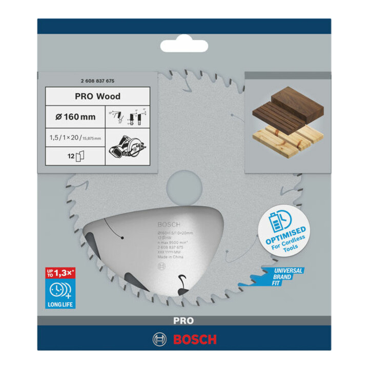 Bosch Kreissägeblatt Standard for Wood für Akkusägen 160x1.5/1x20, 12 Zähne