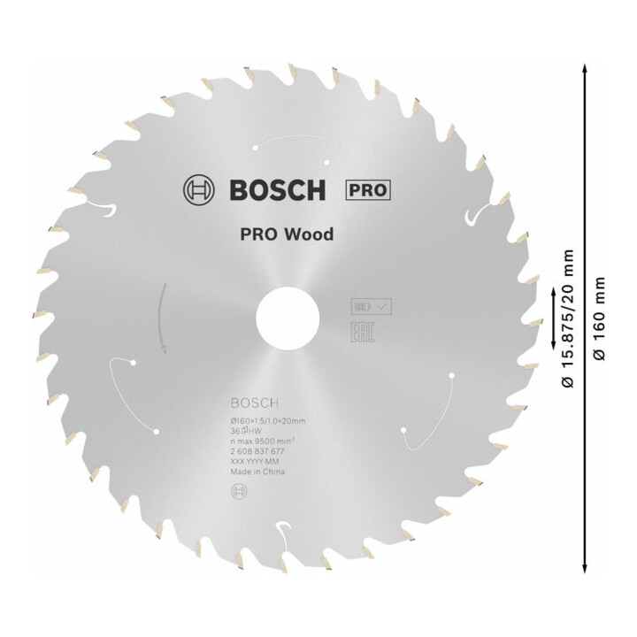 Bosch Kreissägeblatt Standard for Wood für Akkusägen 160x1.5/1x20, 36 Zähne