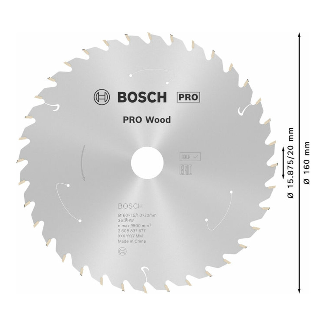 Bosch Kreissägeblatt Standard for Wood für Akkusägen 160x1.5/1x20, 36 Zähne