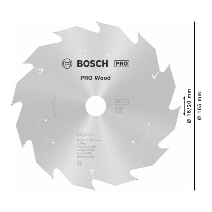 Bosch Kreissägeblatt Standard for Wood für Akkusägen 165x1.5/1x20, 12 Zähne