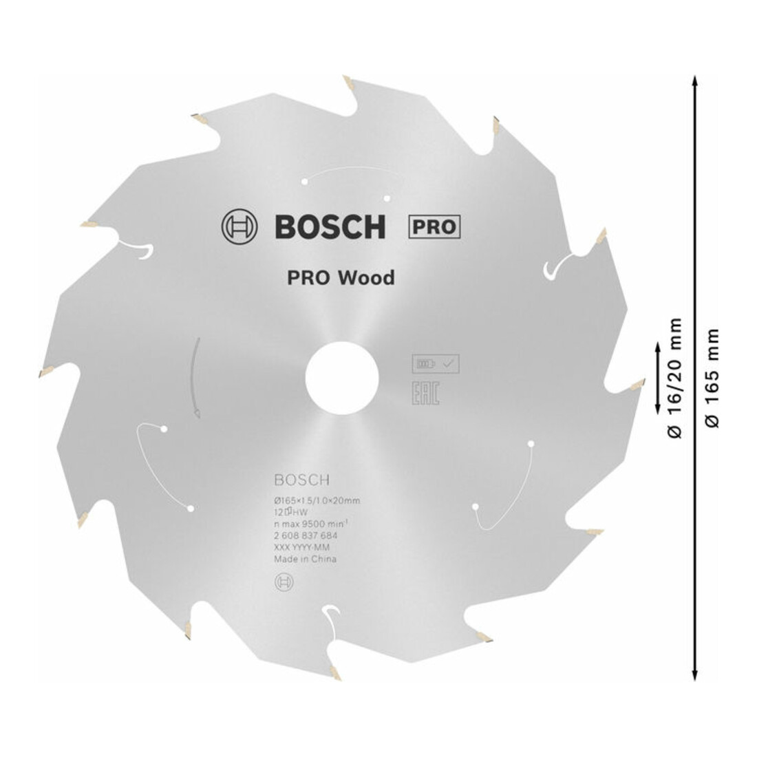 Bosch Kreissägeblatt Standard for Wood für Akkusägen 165x1.5/1x20, 12 Zähne