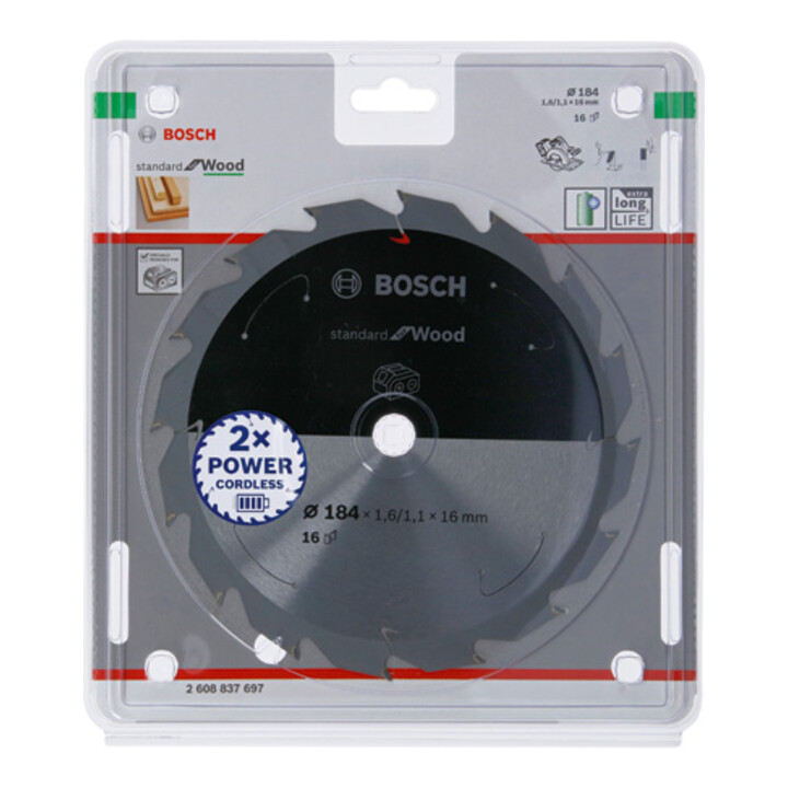 Bosch Kreissägeblatt Standard for Wood für Akkusägen 184x1.6/1.1x16, 16 Zähne