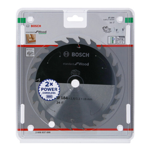 Bosch Kreissägeblatt Standard for Wood für Akkusägen 184x1.6/1.1x16, 24 Zähne