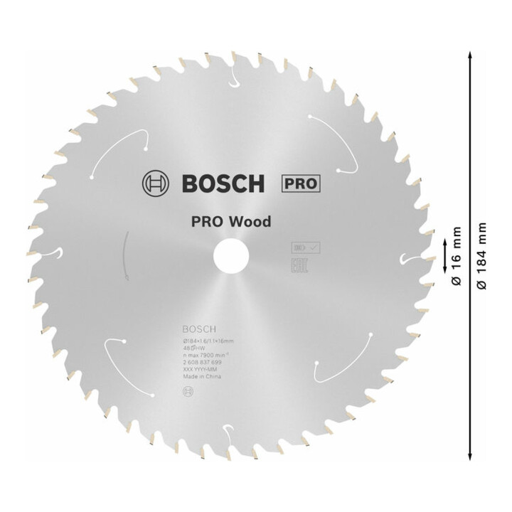 Bosch Kreissägeblatt Standard for Wood für Akkusägen 184x1.6/1.1x16, 48 Zähne