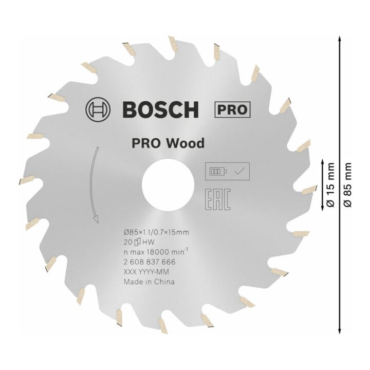 Bosch Kreissägeblatt Standard for Wood für Akkusägen 85 x 1,1/0,7 x 15 20 Zähne