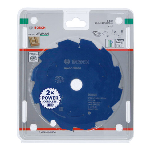 Bosch Lama circolare Expert for Wood, per seghe a batteria, 165x1,5/1x20 12 denti