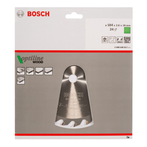 Bosch Lama circolare Optiline Wood, per seghe circolari manuali, 184x16x2,6mm 24