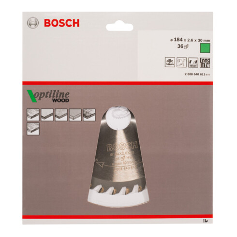 Bosch Lama circolare Optiline Wood, per seghe circolari manuali, 184x30x2,6mm 36