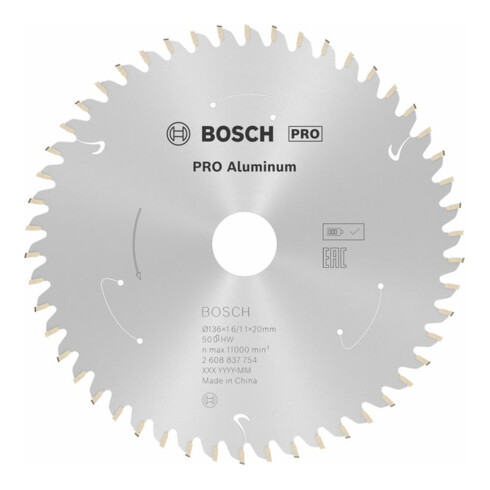 Bosch Lama circolare Standard for Aluminium per sega a batteria, 136x1,6/1,1x20, 50 denti