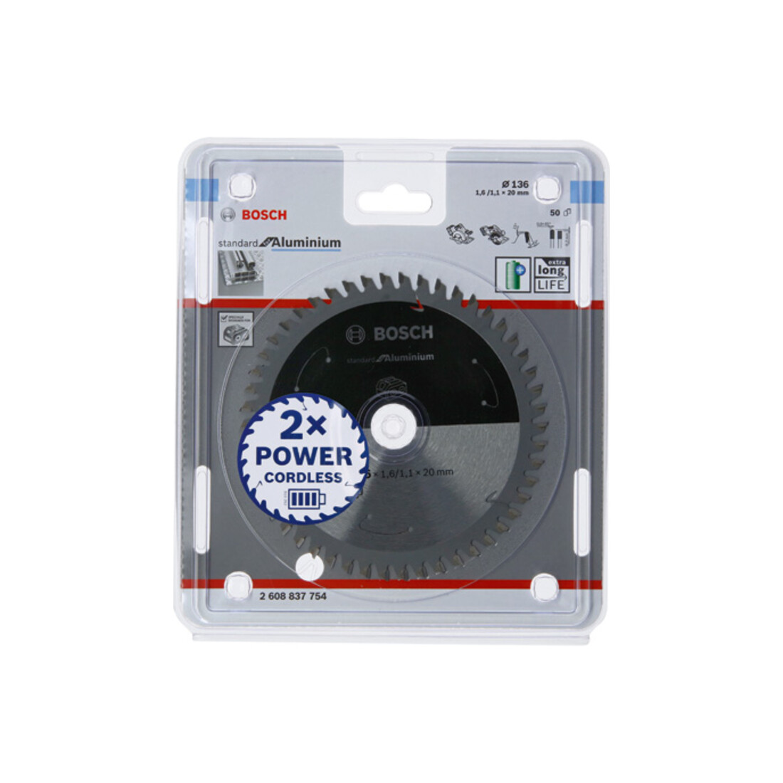 Bosch Lama circolare Standard for Aluminium per sega a batteria, 136x1,6/1,1x20, 50 denti