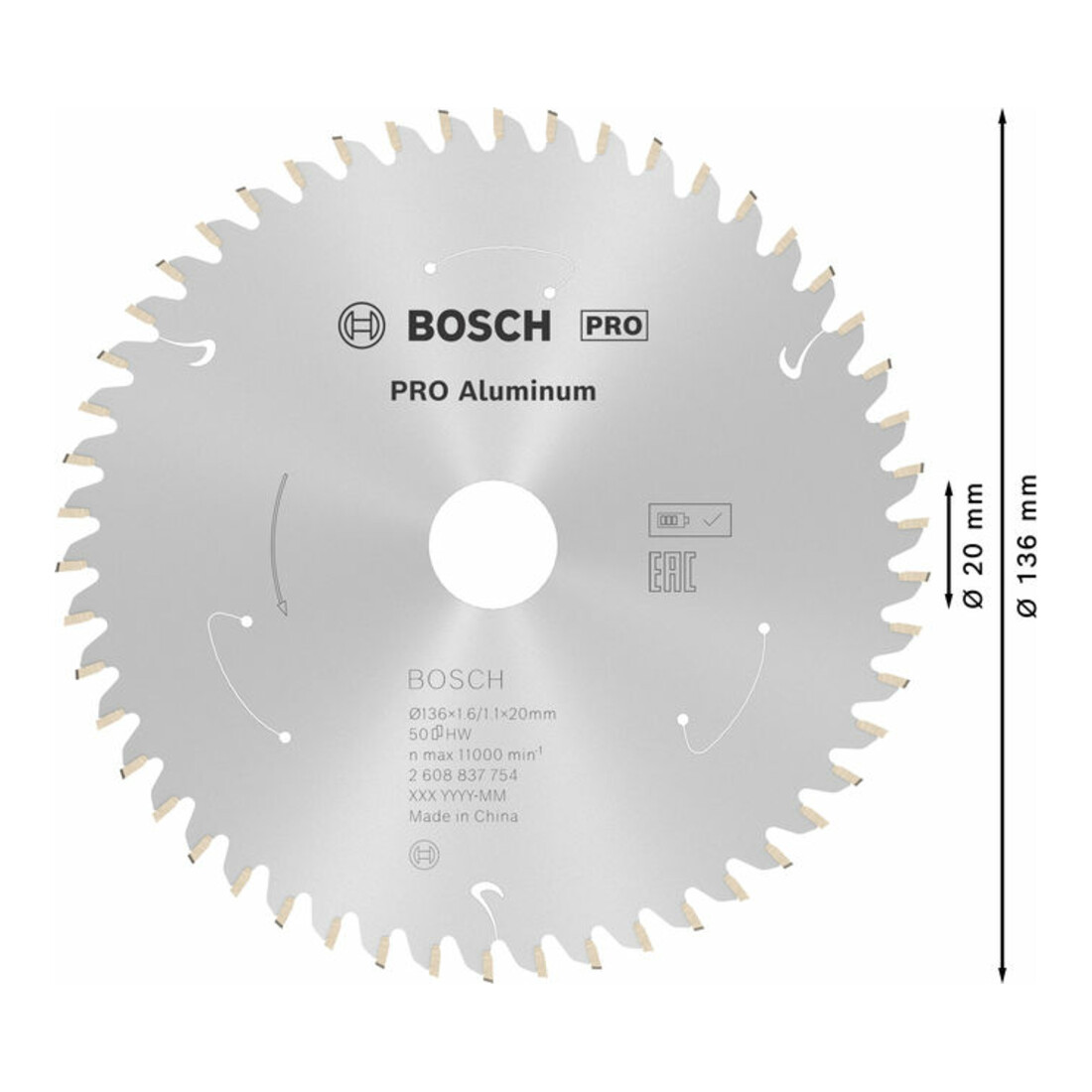 Bosch Lama circolare Standard for Aluminium per sega a batteria, 136x1,6/1,1x20, 50 denti