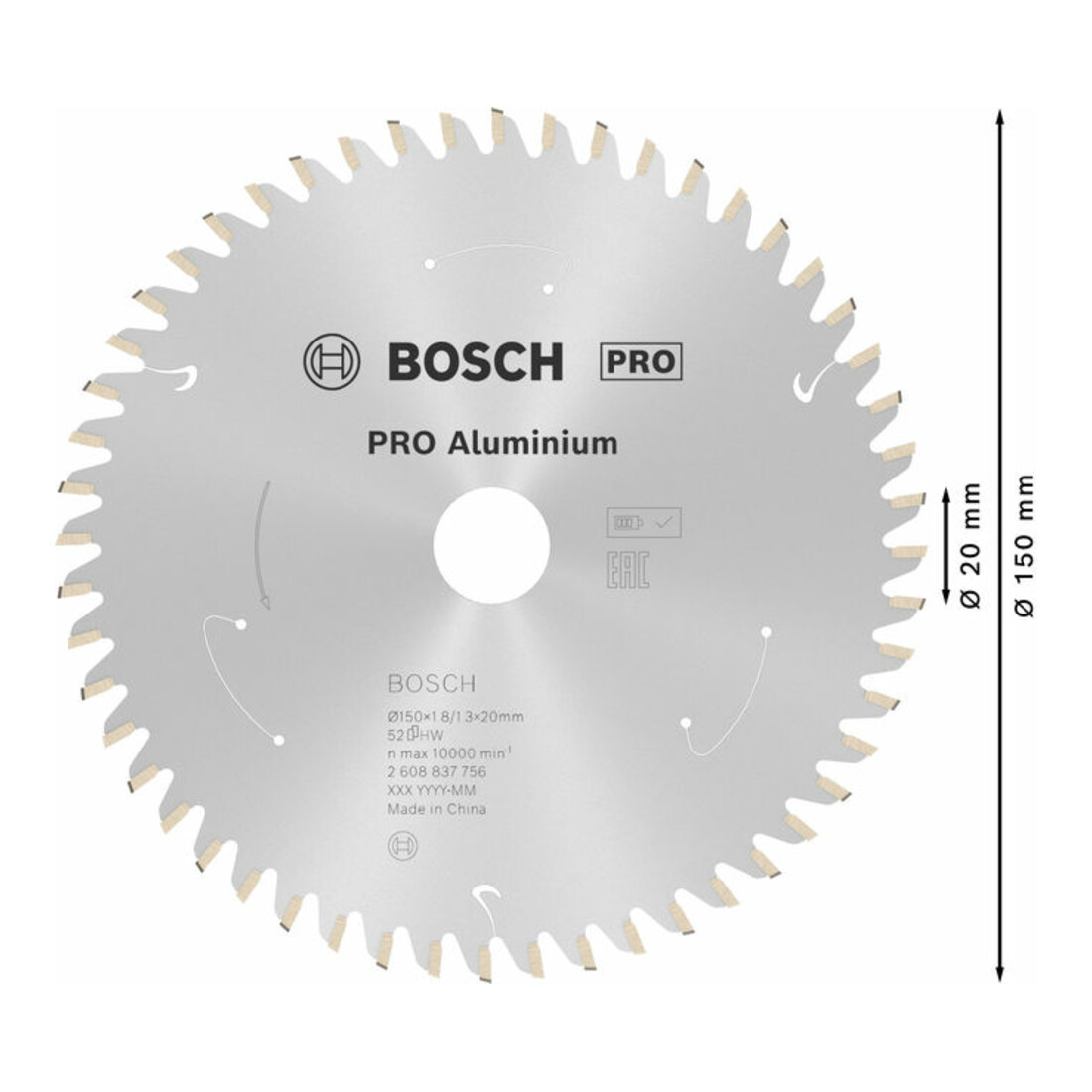 Bosch Lama circolare Standard for Aluminium per sega a batteria, 150x1,8/1,3x20, 52 denti