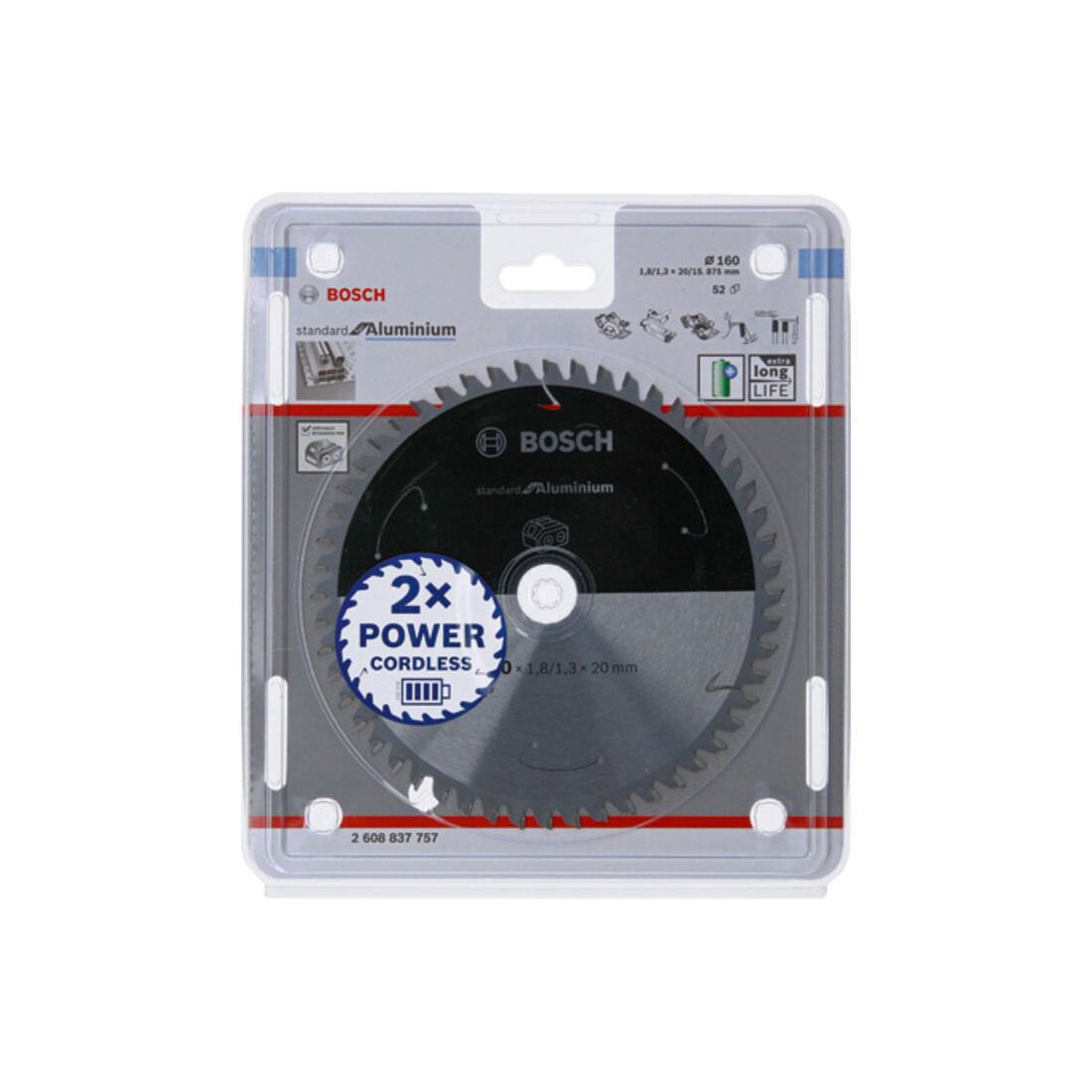 Bosch Lama circolare Standard for Aluminium per sega a batteria, 160x1,8/1,3x20, 52 denti