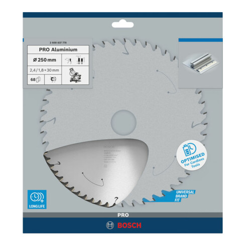 Bosch Lama circolare Standard for Aluminium per sega a batteria, 250x2,4/1,8x30, 68 denti