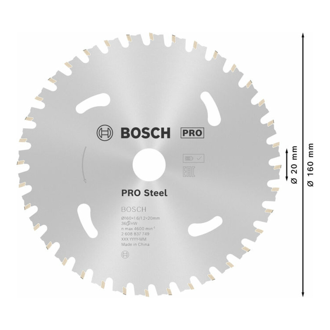 Bosch Lama circolare Standard for Steel, per sega a batteria, 160x1,6/1,2x20 36 denti